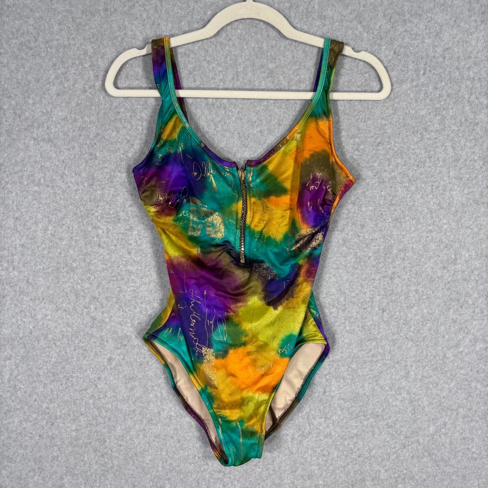 Vintage 90s Slimsuit One‎ Piece Swimsuit 6 Underwire Zip Henley Gold Abstract